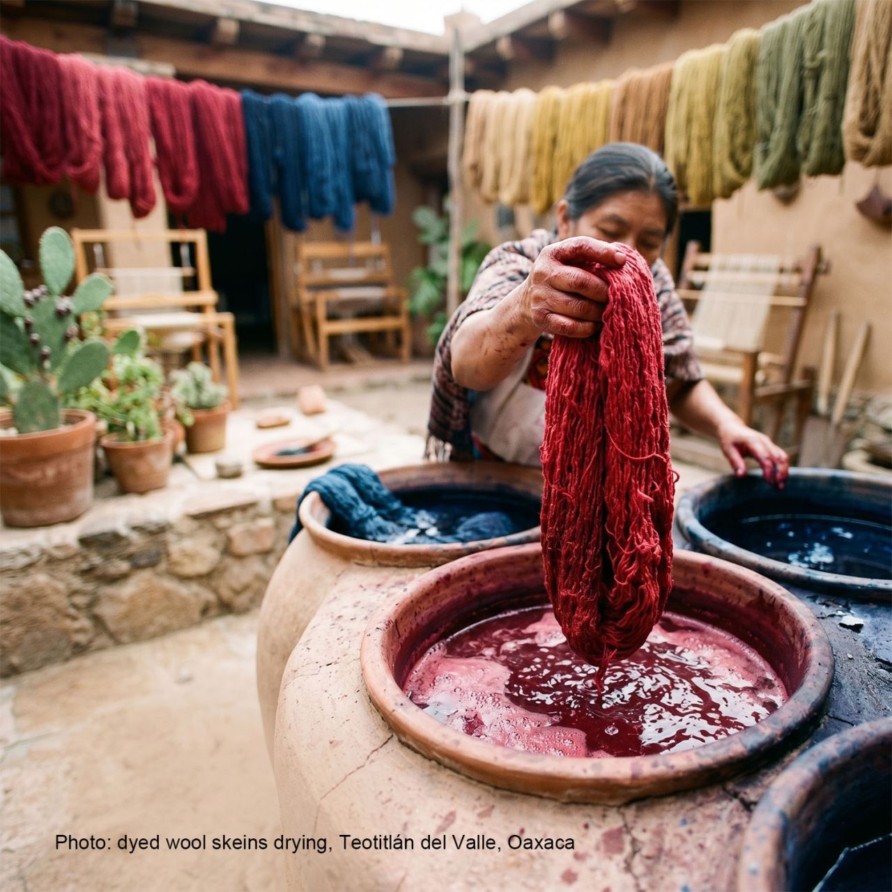 Hands dyeing wool skeins in a Teotitlán del Valle workshop, Oaxaca