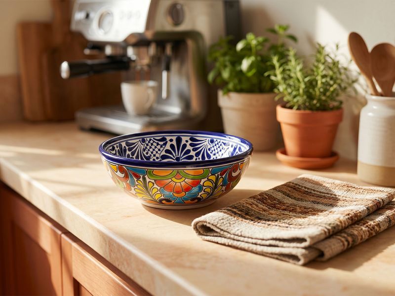Hand-painted talavera ceramic bowl styled on a sunlit kitchen counter