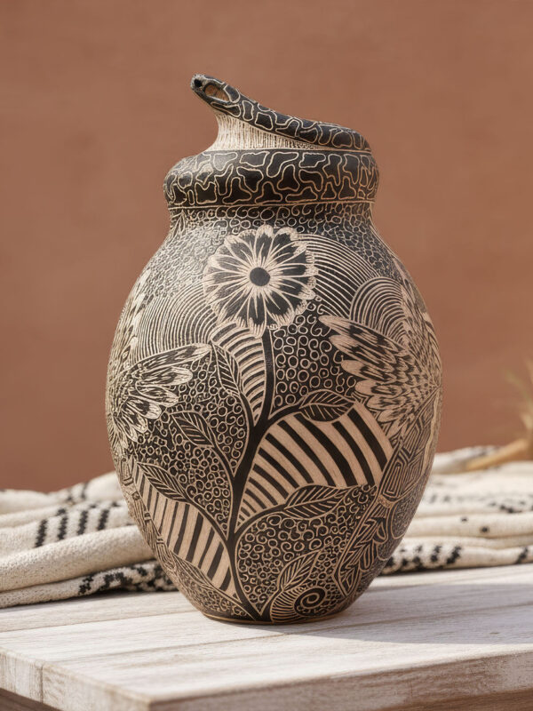 A Snake on the Hunt and a Hummingbird — Mata Ortiz Sgraffito Vessel by Alex Jurado