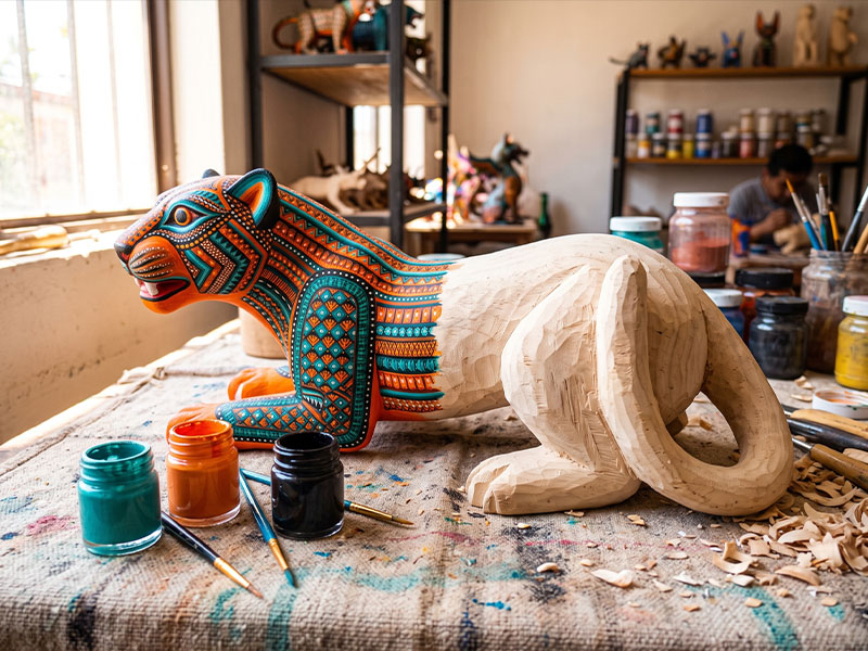 Brightly painted copal wood alebrije animal figure in progress on an artisan's workbench in Oaxaca