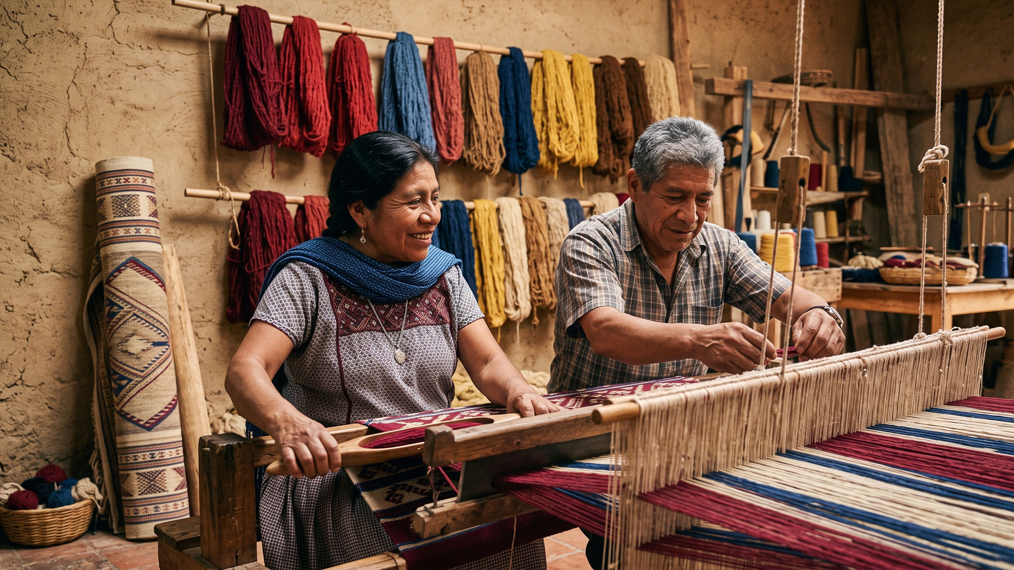 Elena and Marcos Ruiz Mendoza working at a traditional floor loom in their Teotitlán del Valle workshop, natural-dyed wool threads in deep cochineal red and indigo spread across the weave