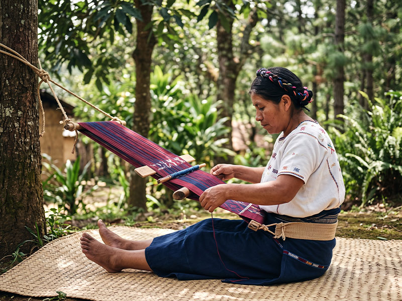 Indigenous weaver working a backstrap loom outdoors in Chiapas, the loom anchored to a post and her body