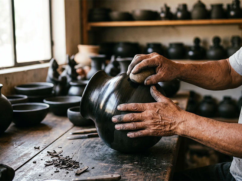 Zapotec potter burnishing a black clay vessel with a quartz stone in San Bartolo Coyotepec, Oaxaca