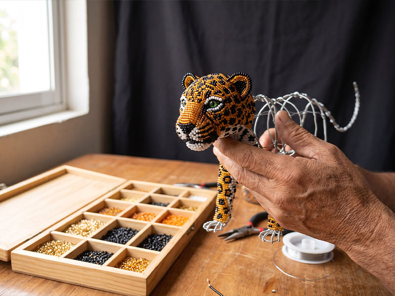 Wixáritari artisan threading tiny seed beads onto wire to form a three-dimensional jaguar sculpture