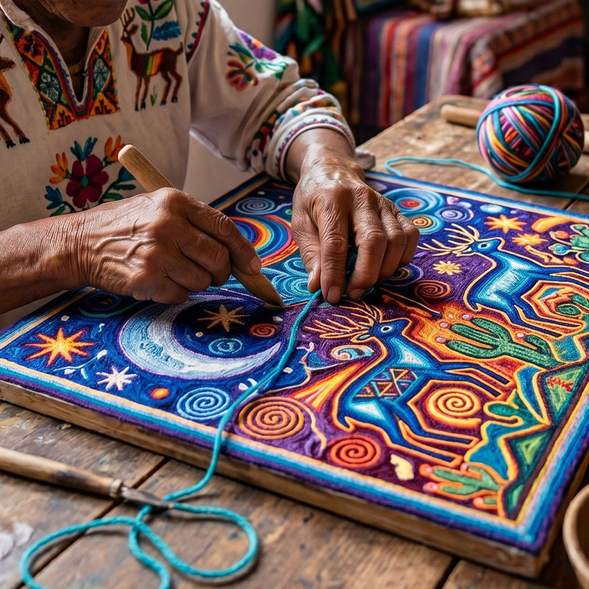 Huichol doing a yarn painting