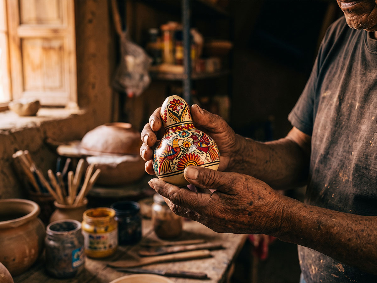 Close portrait of a Mexican artisan's weathered hands holding a finished painted gourd, vivid folk art colours against dark skin