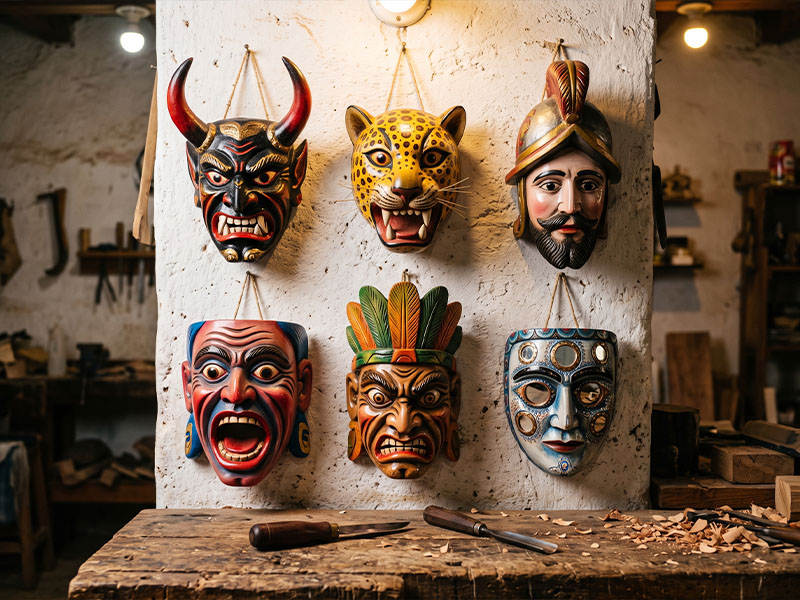 Carved and lacquered wooden dance masks hanging on a workshop wall in Guerrero, painted in vivid ceremonial colours
