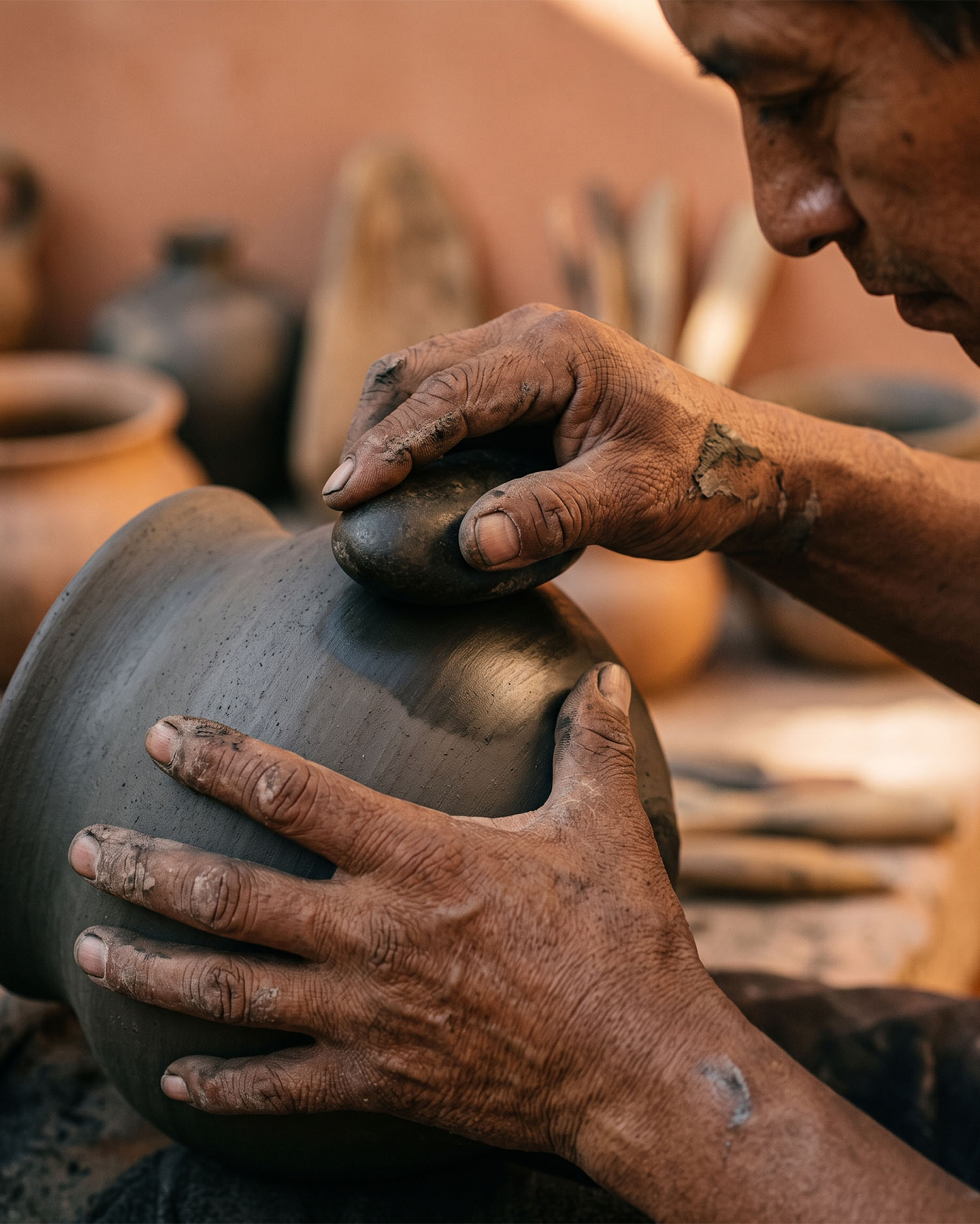 Close-up of an artisan's hands burnishing a piece of black clay pottery with a smooth stone, mid-process