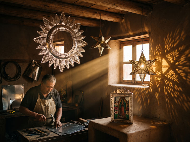 Punched tin mirror frame and star lanterns hanging in an Oaxacan workshop, light piercing the cut metal patterns