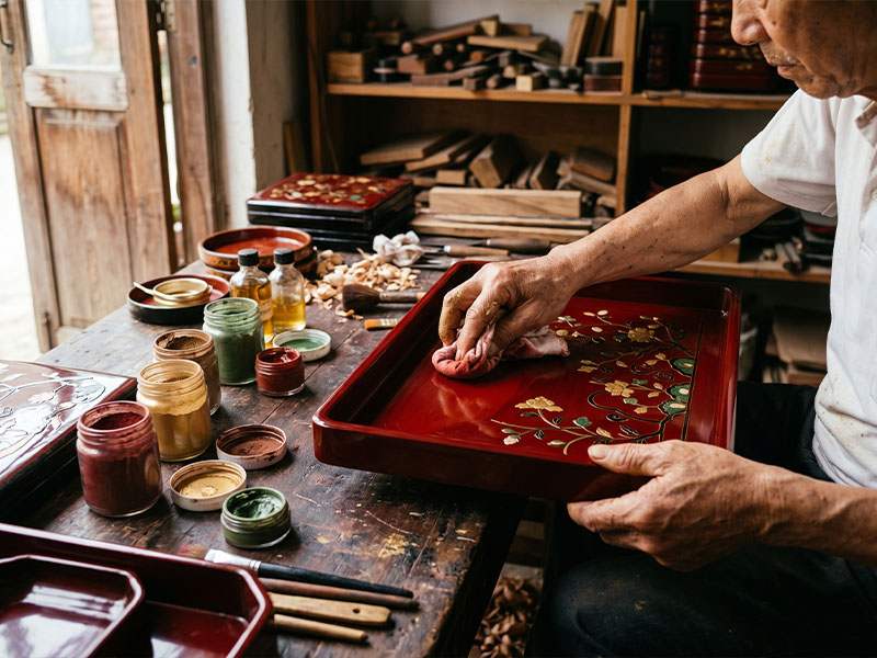 Artisan applying pigment to a lacquered wooden tray using traditional mineral and chia oil technique in Uruapan
