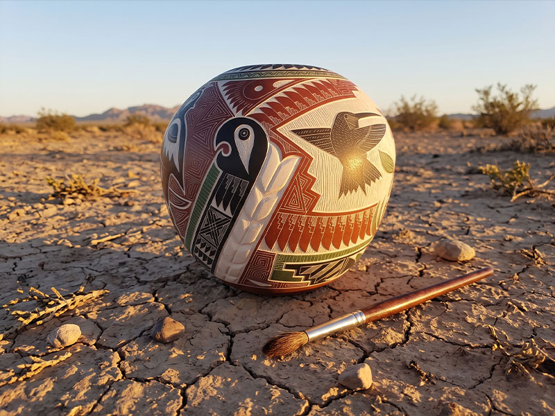 Hand-coiled Mata Ortiz ceramic pot painted with fine black geometric patterns on a sandy surface in Chihuahua