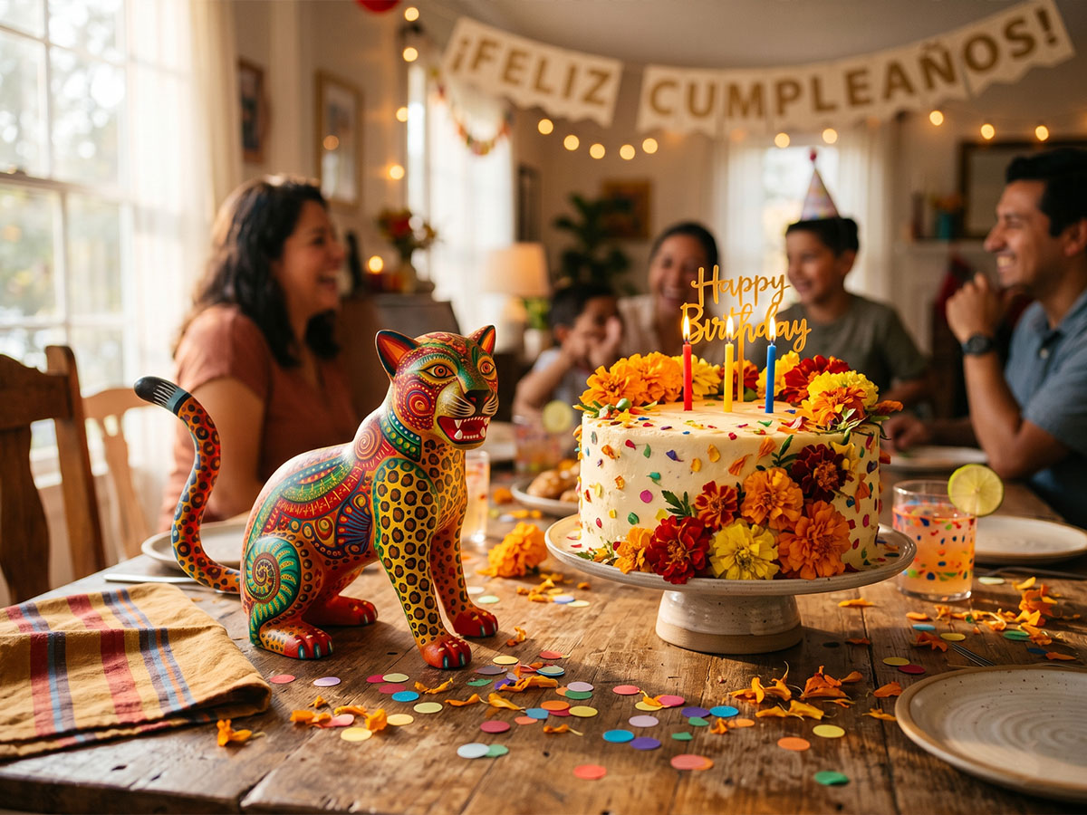 olourful Oaxacan Alebrije wood carving beside a birthday celebration with flowers and candles