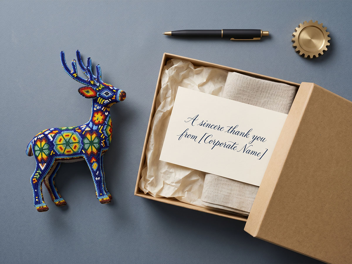 Huichol beaded sculpture presented in an elegant gift box for a corporate setting