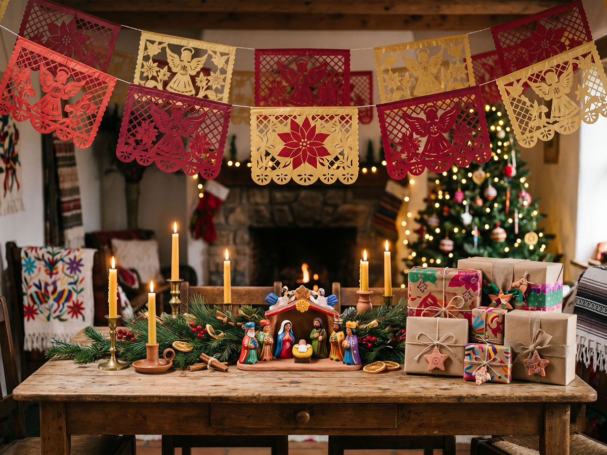 Papel Picado tissue paper banners and folk art decorations in a festively lit Mexican holiday scene