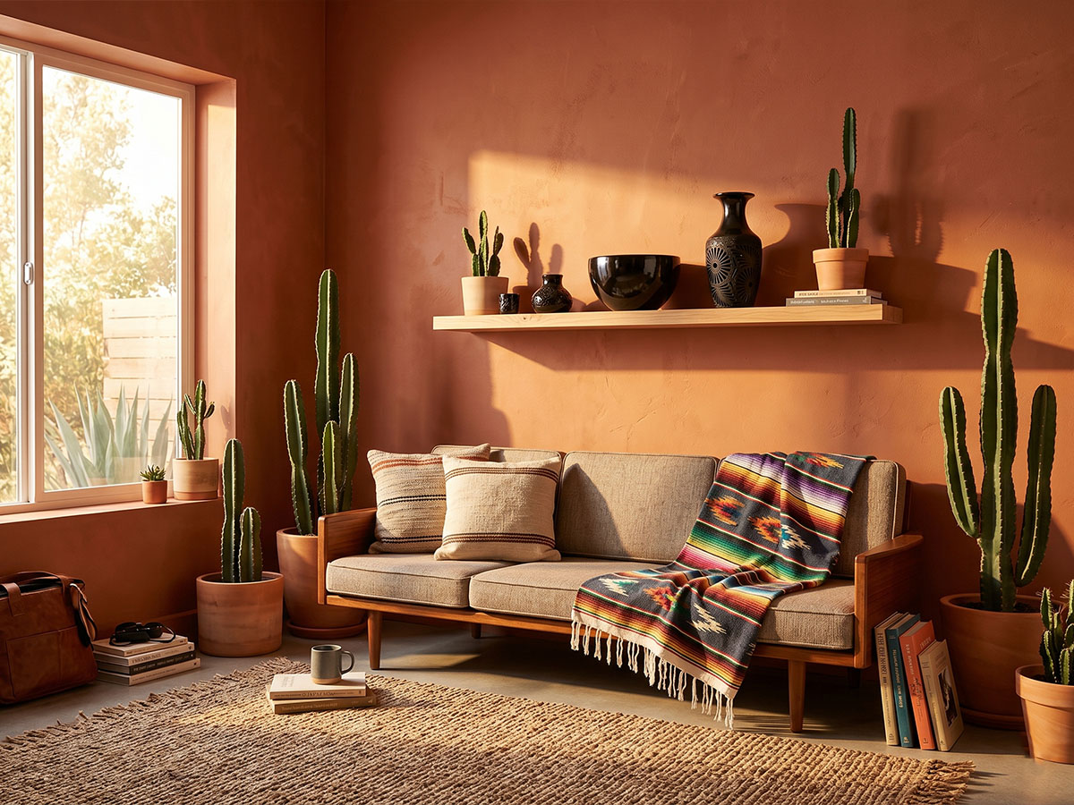 Barro Negro black pottery displayed on a shelf in a warmly decorated Mexican-inspired living room