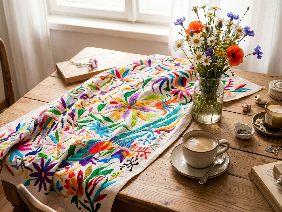 Otomí embroidered textile with bright floral patterns beside a bouquet of fresh flowers