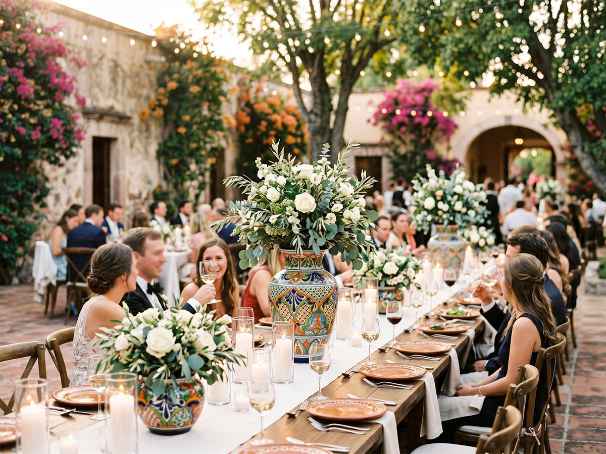 Talavera ceramic vase with white roses at a Mexican wedding reception table
