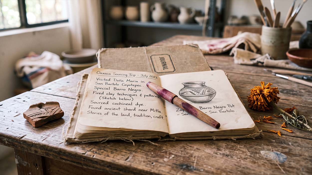 Open field notebook with handwritten notes and a small ceramic shard, on a worn workshop table