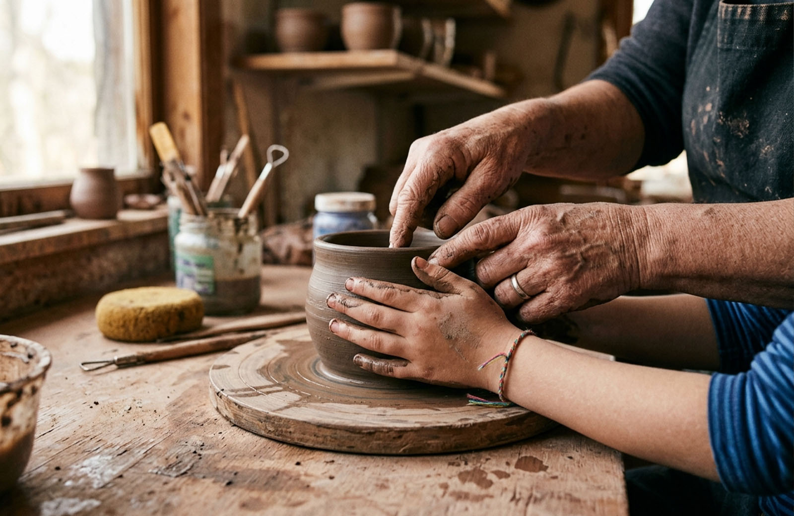 Older man's hands guiding a young child's hands on a clay vessel in a Oaxacan workshop