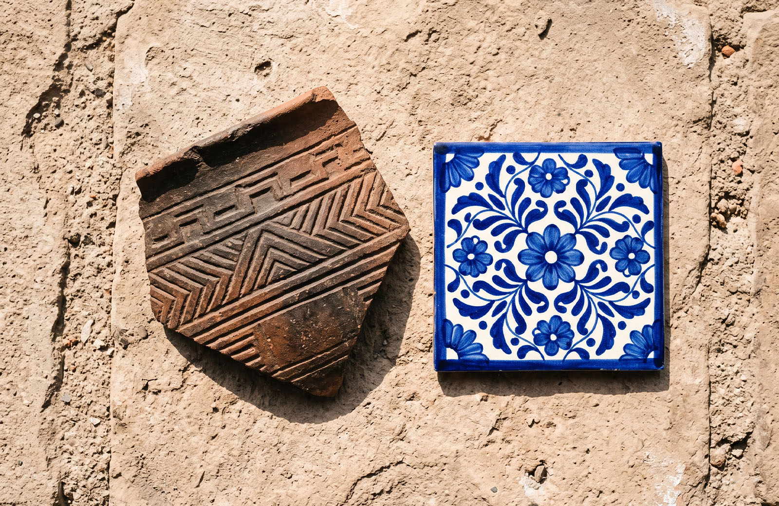 A pre-Columbian ceramic fragment displayed beside a contemporary Talavera piece on a stone surface