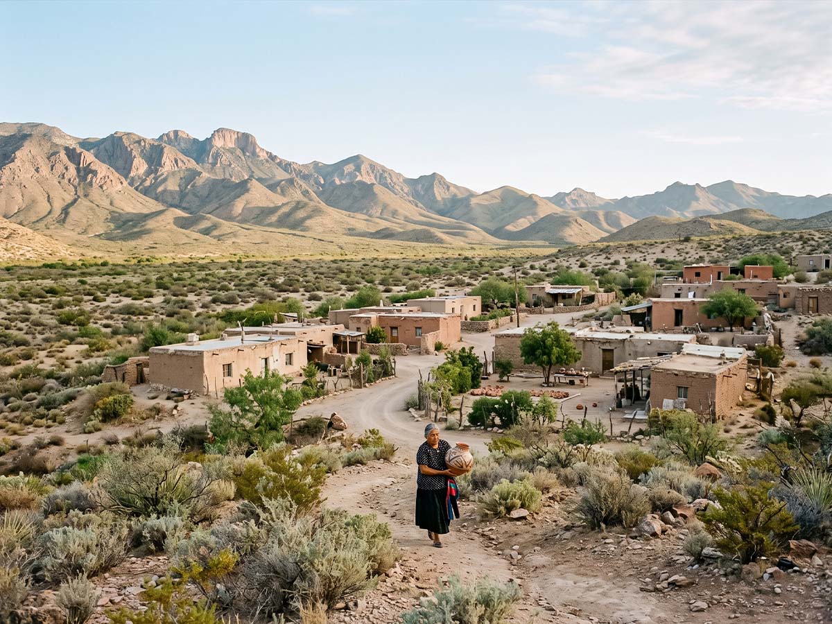 Mata Ortiz village at dawn — adobe homes and desert landscape of Chihuahua