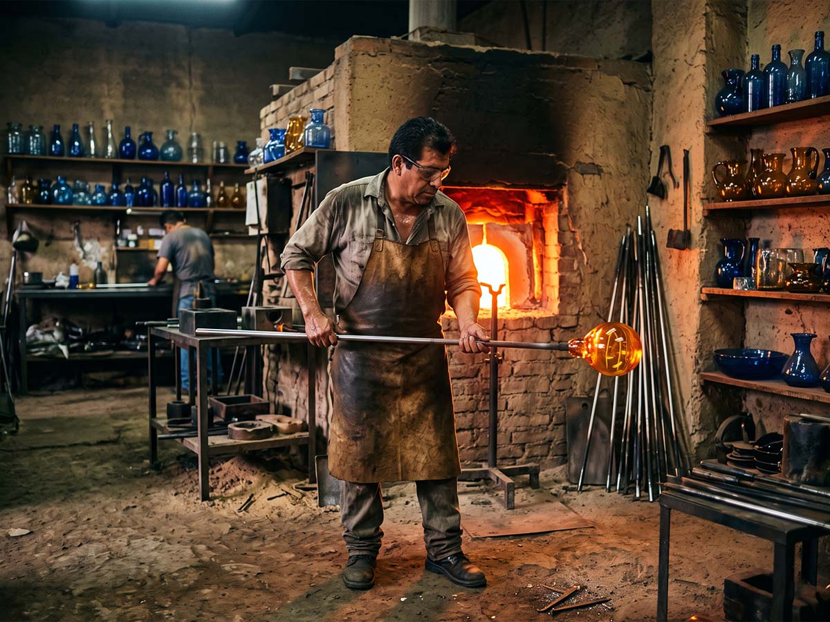 Blown glass workshop in Tlaquepaque — molten glass being shaped at the furnace