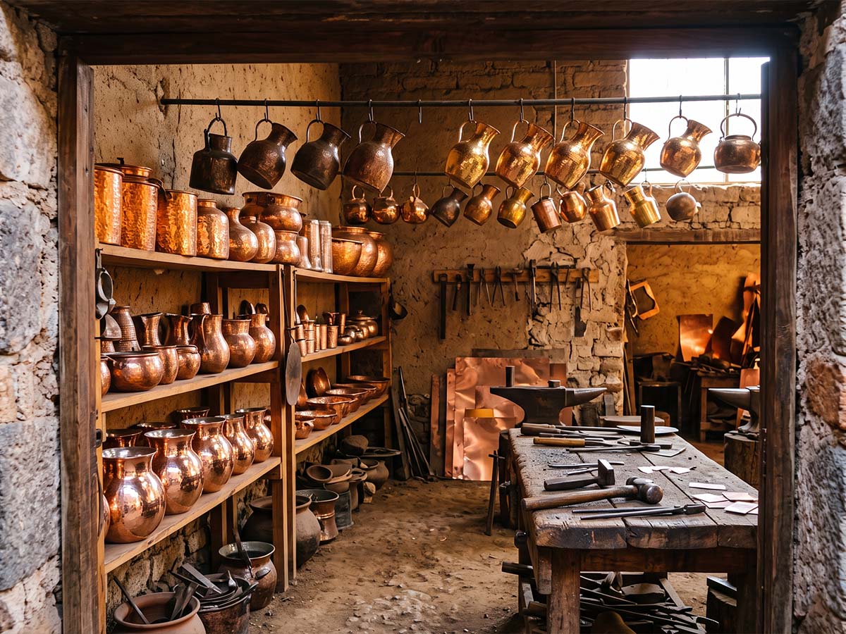Copper workshop in Santa Clara del Cobre, Michoacán — hammered vessels on display