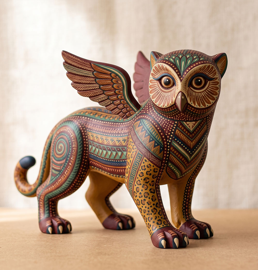 Brightly painted wooden alebrije carved into a jaguar-owl hybrid form, hand-carved from copal wood in Oaxaca