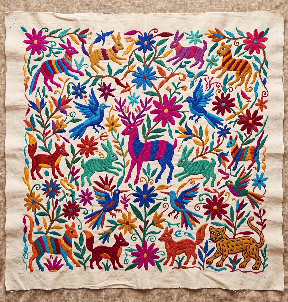 Hand-embroidered Otomí Tenango textile panel from Hidalgo, featuring colorful animal and plant motifs stitched on unbleached cotton