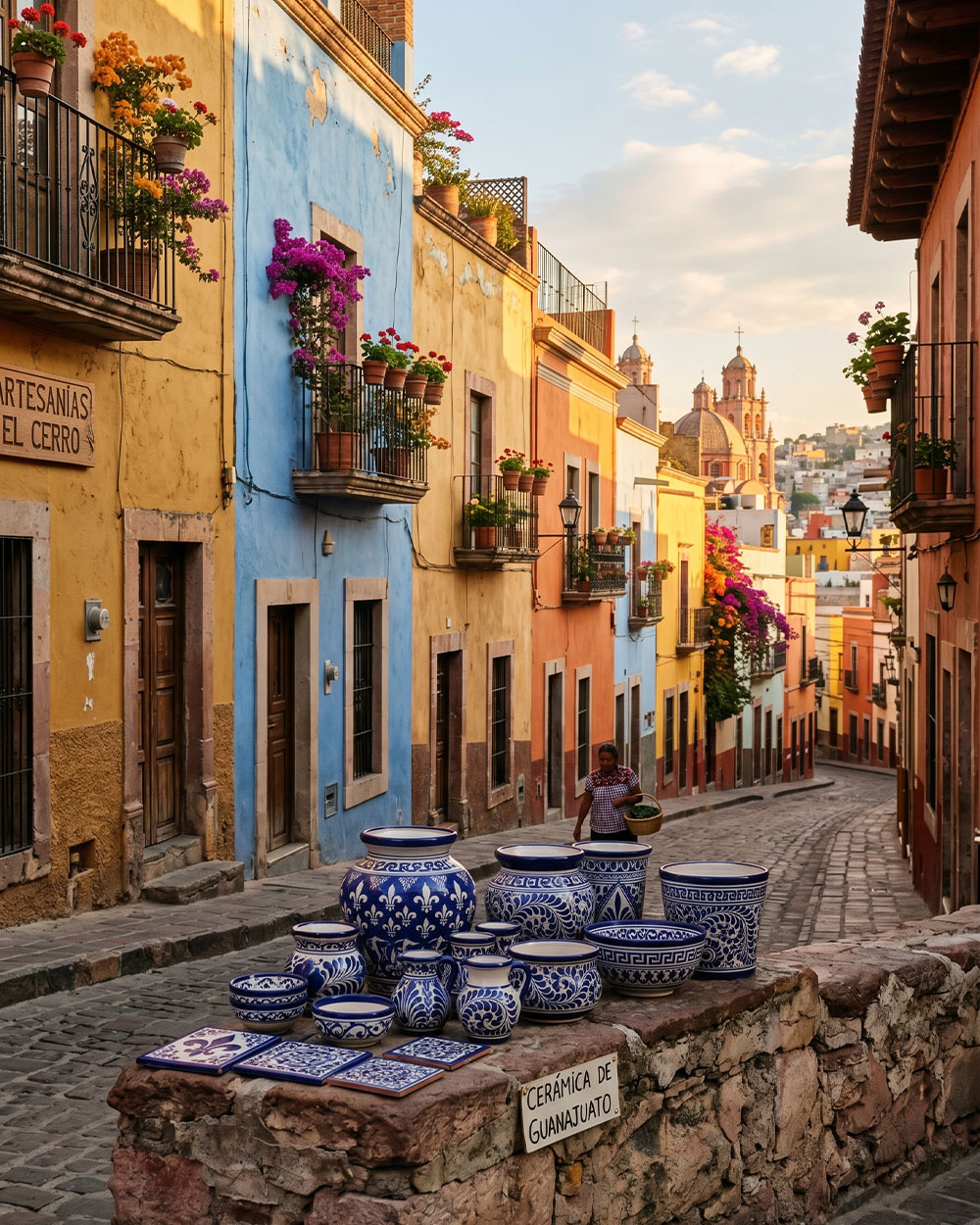 Blue-glazed mayólica ceramics on a Guanajuato hillside street