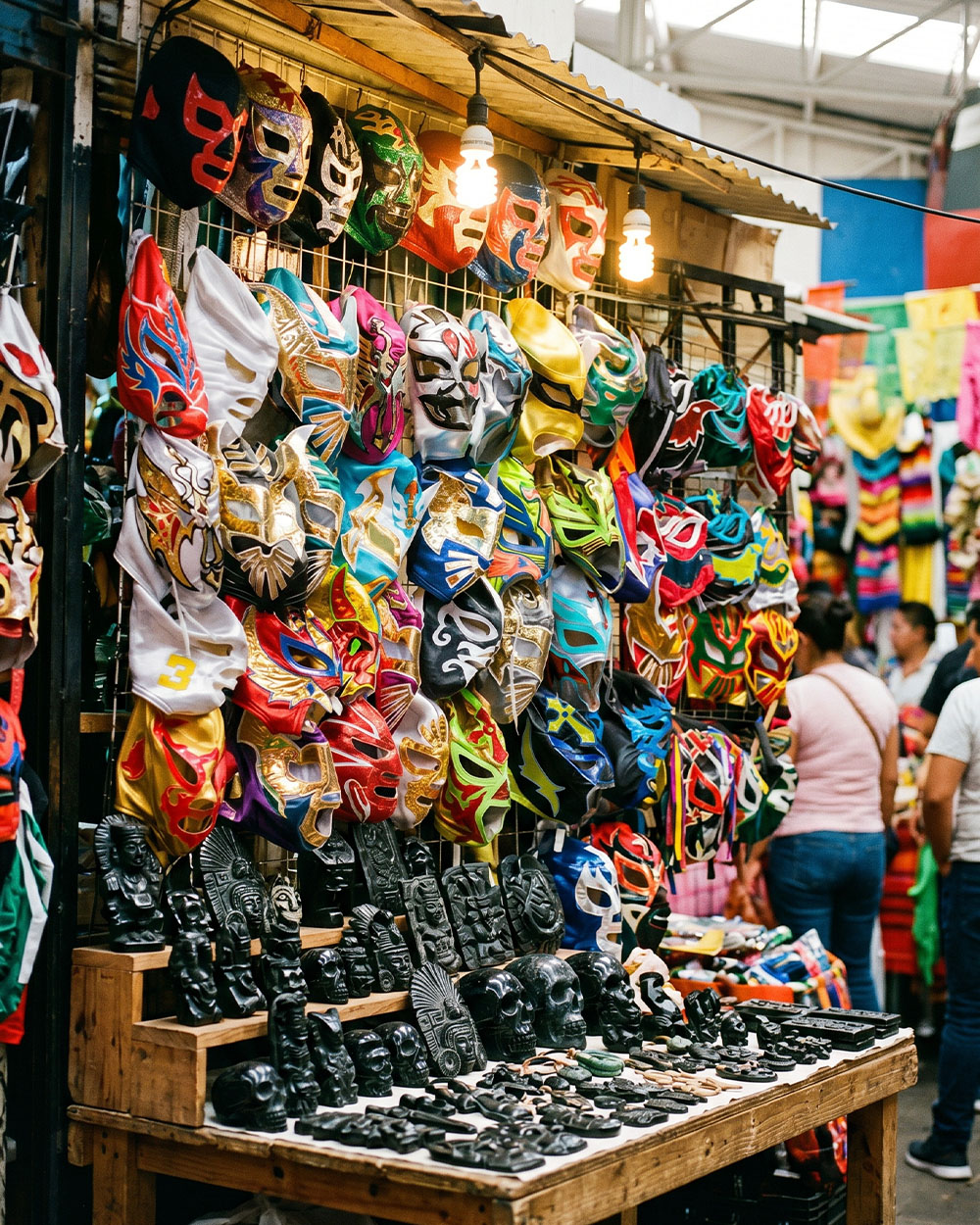 Lucha libre masks and carved obsidian at a Mexico City market stall