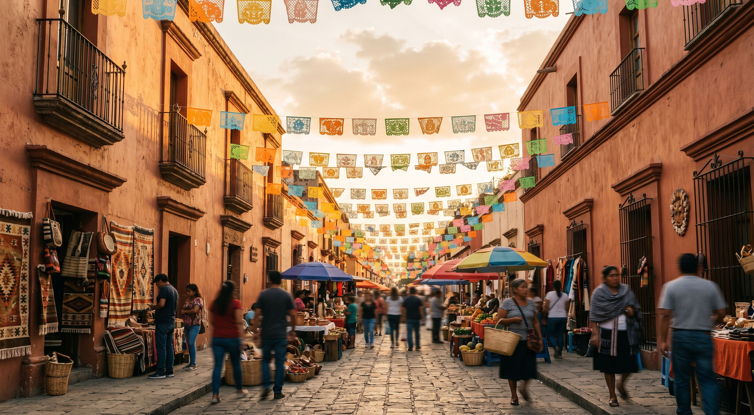 Golden hour market street in Mexico with papel picado banners overhead