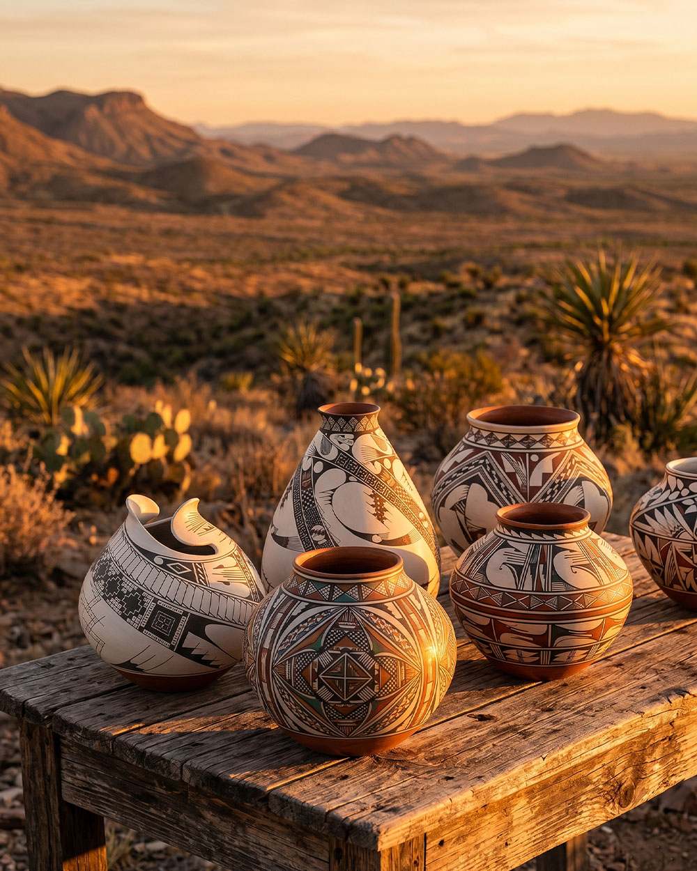 Hand-painted Mata Ortiz pottery on a table in the Chihuahua desert