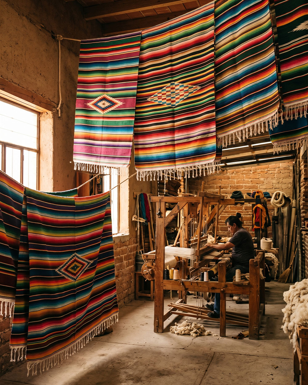 Woven wool sarape blankets displayed in a Saltillo workshop