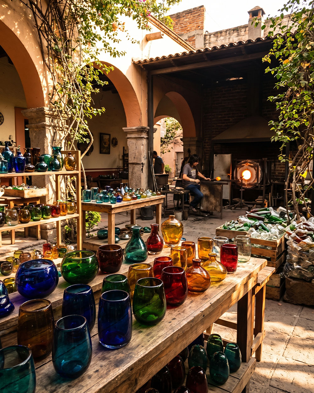 Mouth-blown glass pieces in a Tlaquepaque workshop courtyard