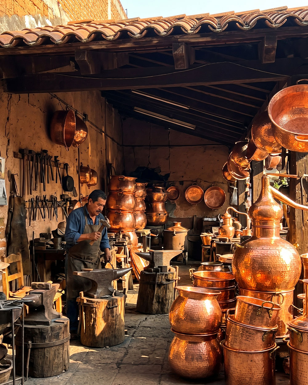 Hand-hammered copper vessels in a Santa Clara del Cobre workshop