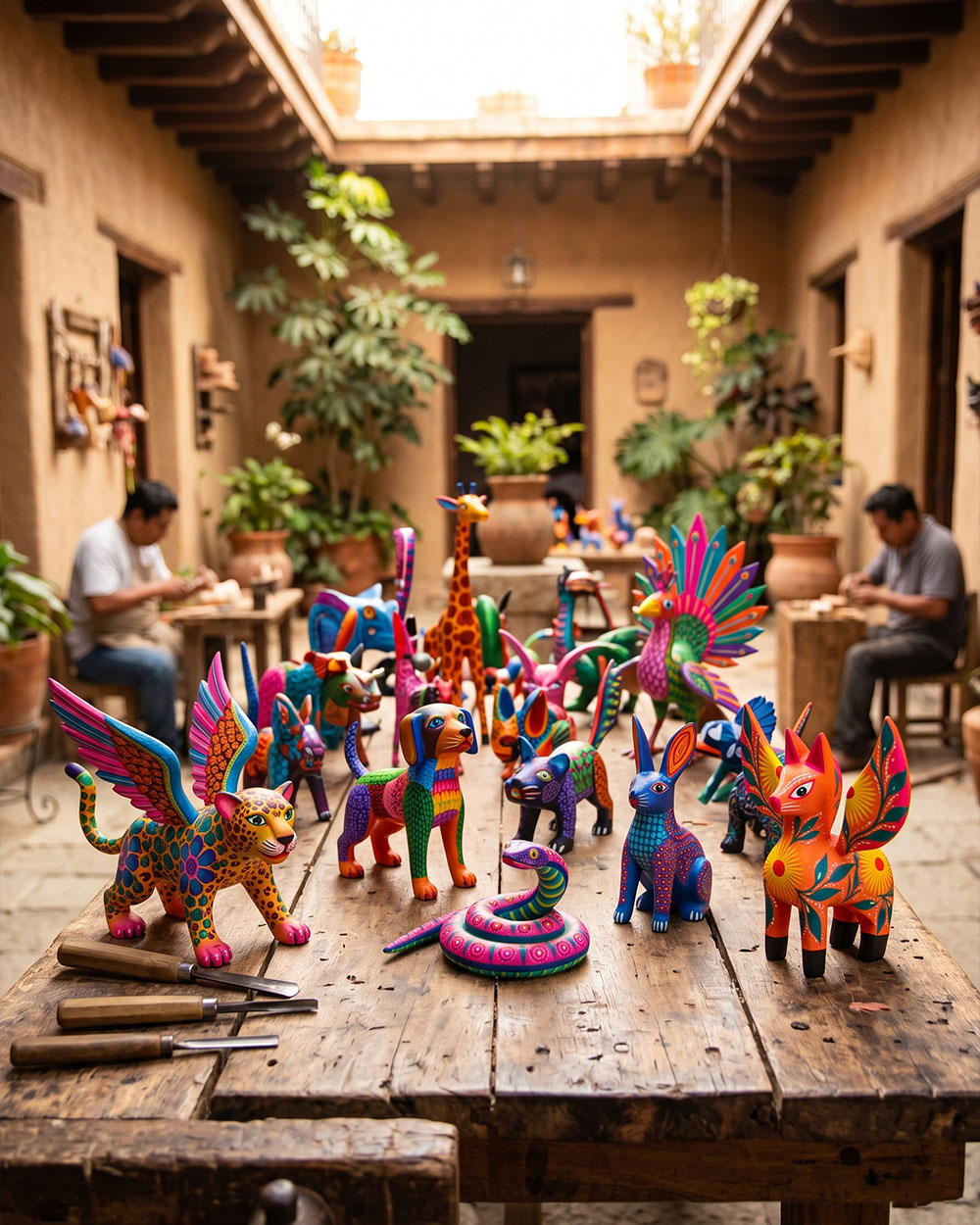Painted wooden alebrije sculptures in an Oaxaca workshop courtyard