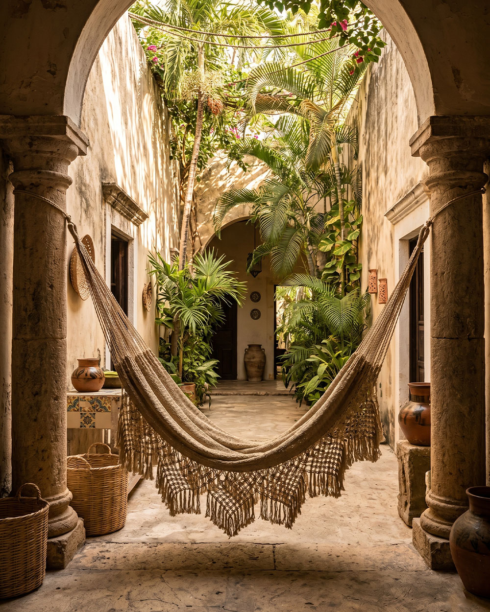 Hand-knotted hammock strung in a Yucatán stone courtyard