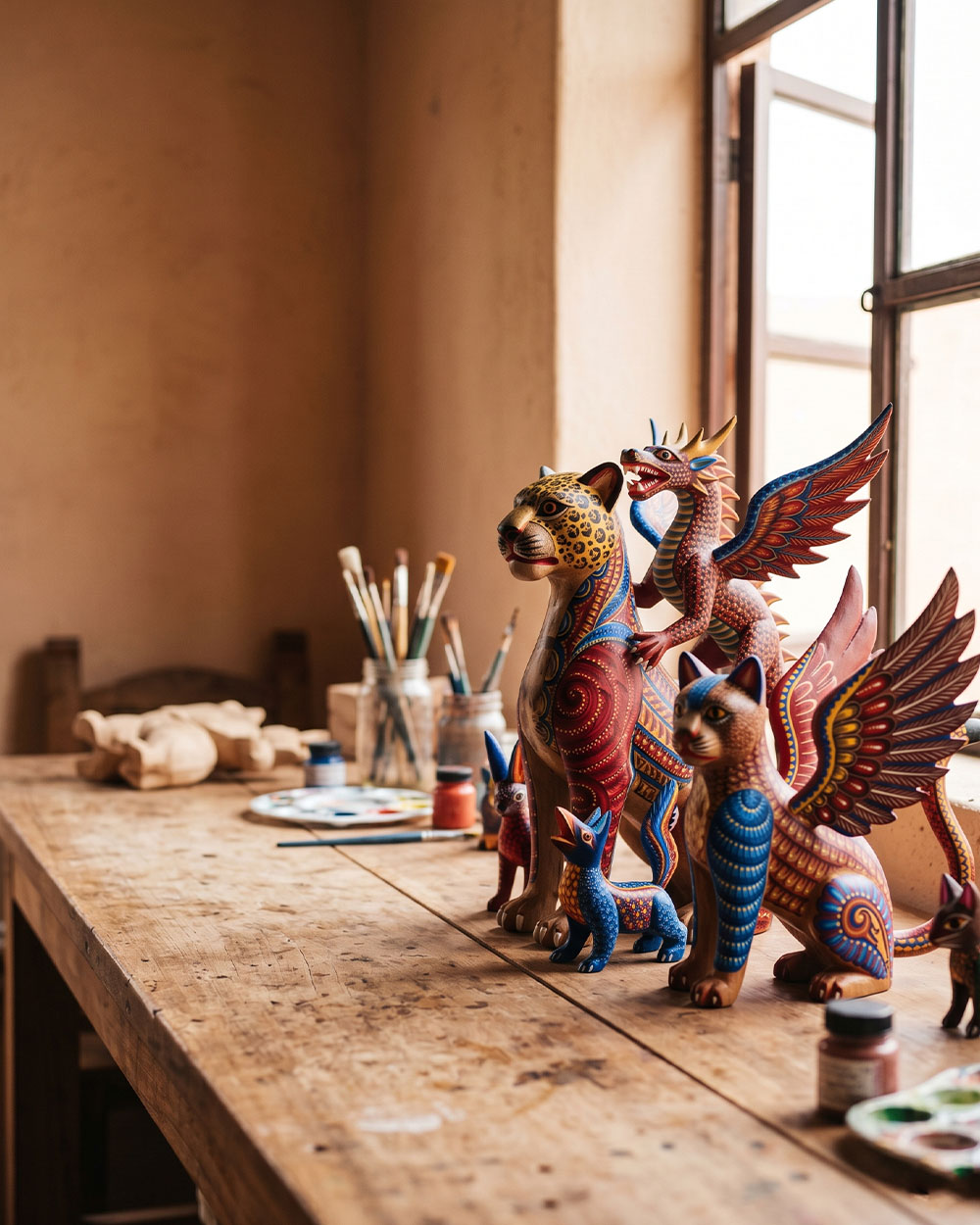 Hand-carved and hand-painted wooden alebrije spirit animal figures from Oaxaca, Mexico