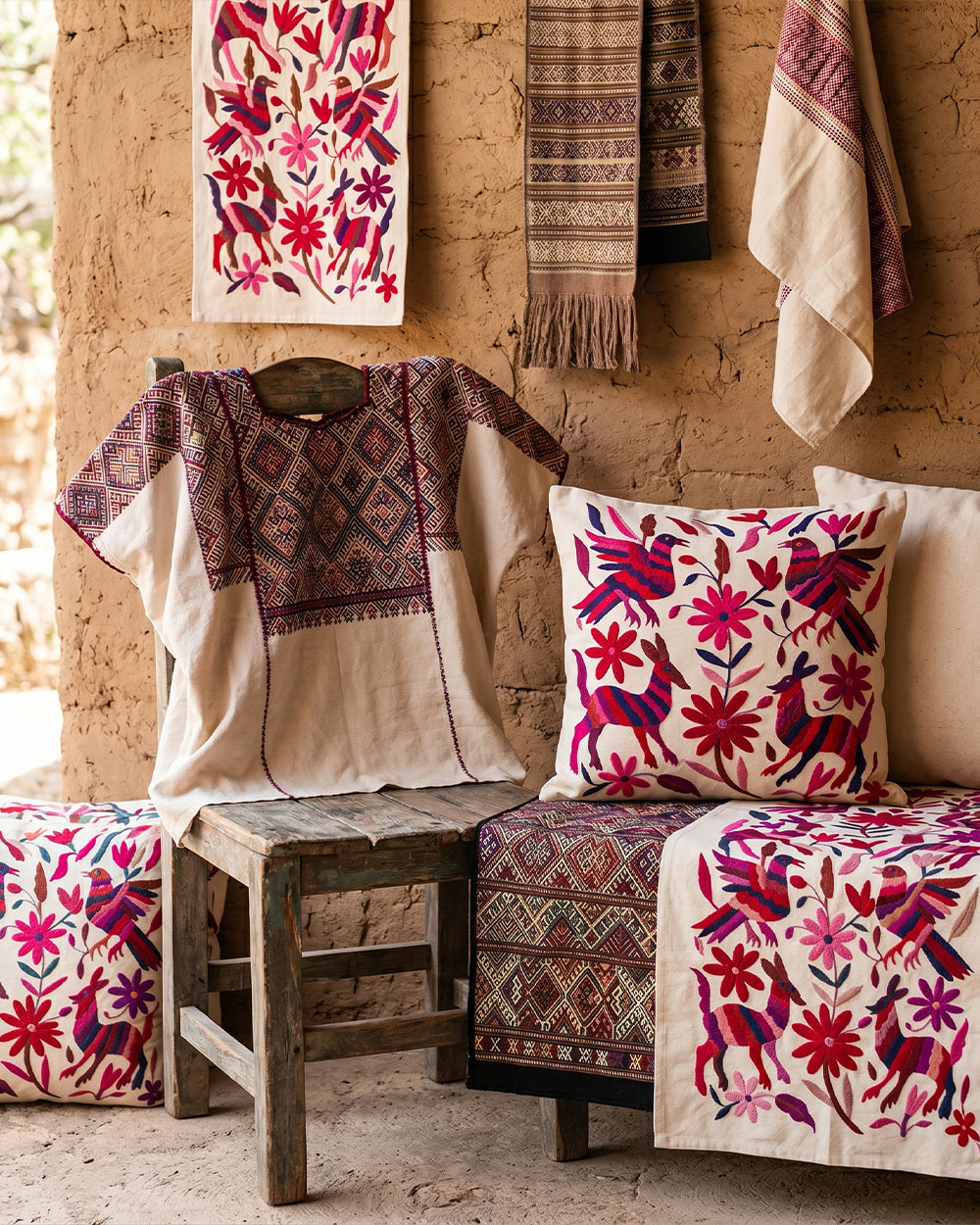Handwoven textiles and hand-embroidered Otomí fabric with floral patterns from Mexico on a chair.