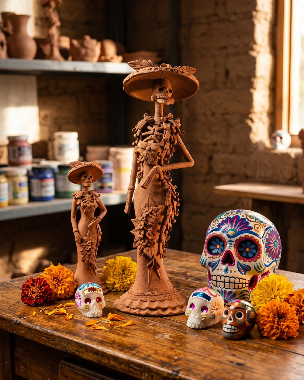 Hand-painted Catrina skeleton figures and Day of the Dead calavera art from Mexico