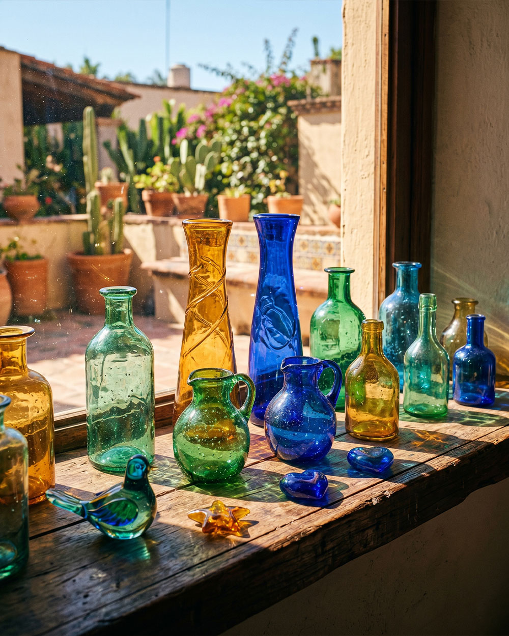 Hand-blown colored glass vessels and ornaments from Jalisco, Mexico