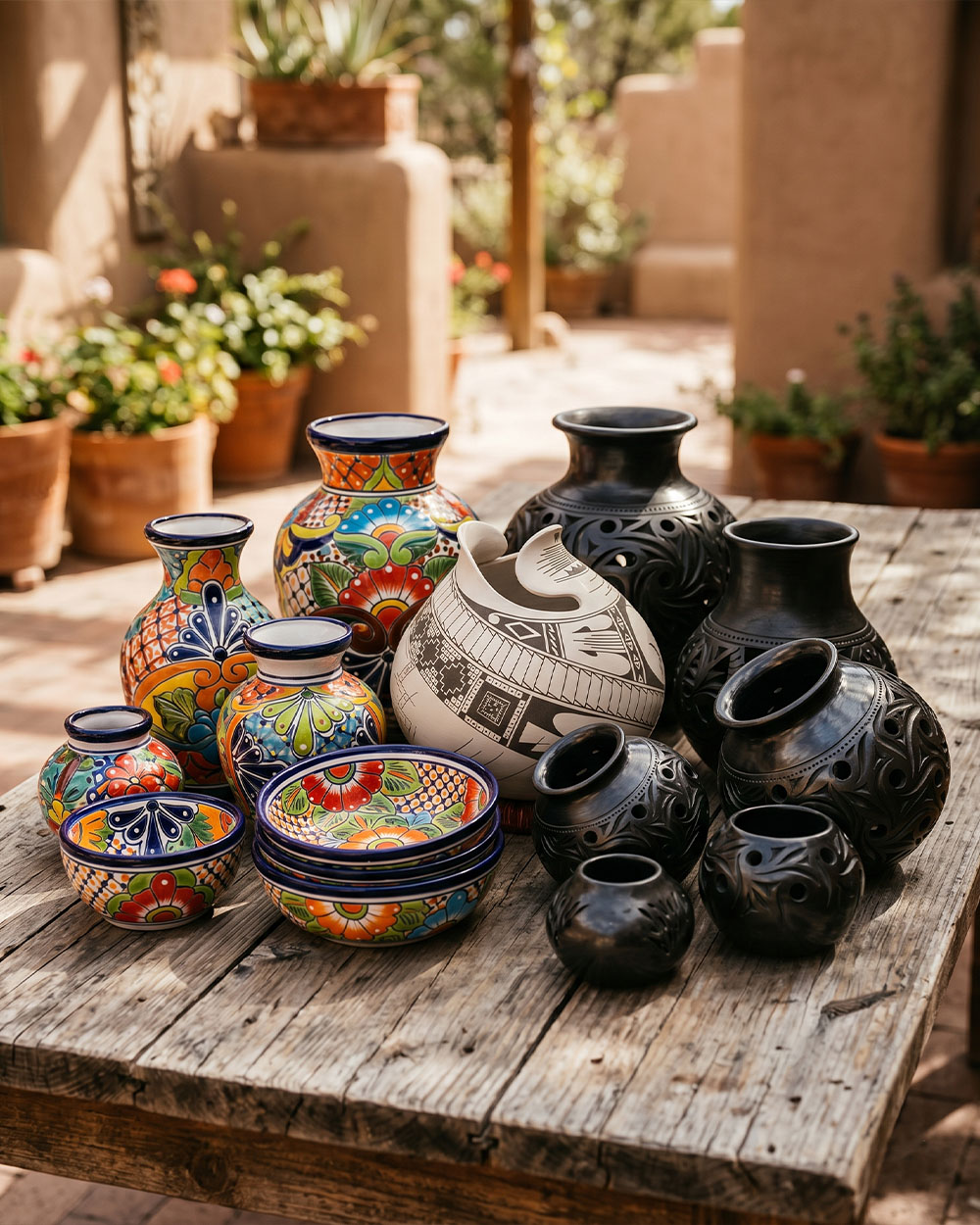 Collection of hand-made Mexican ceramic pottery in varied styles and colors