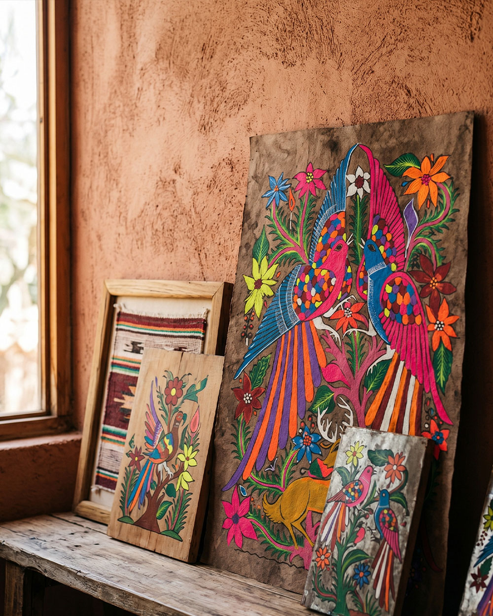 Original Mexican folk paintings including amate bark-paper artwork with bird and floral motifs