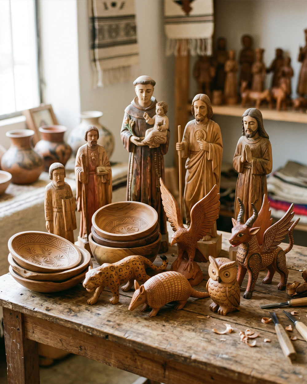 Hand-carved wooden folk art pieces in natural cedar and copal wood tones from Mexico