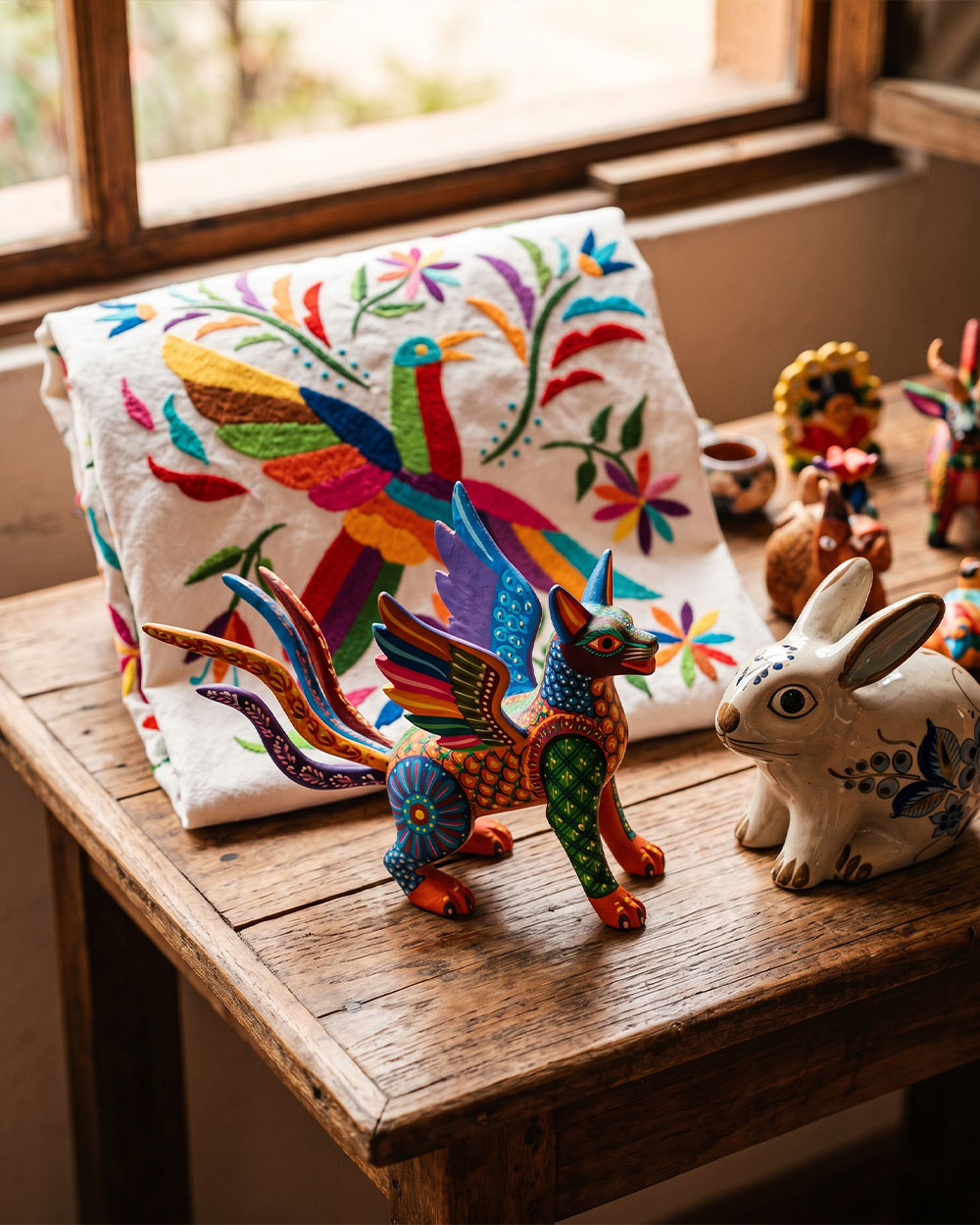 Mexican folk art featuring animal and fantastical creature motifs across wood, textile, and ceramic