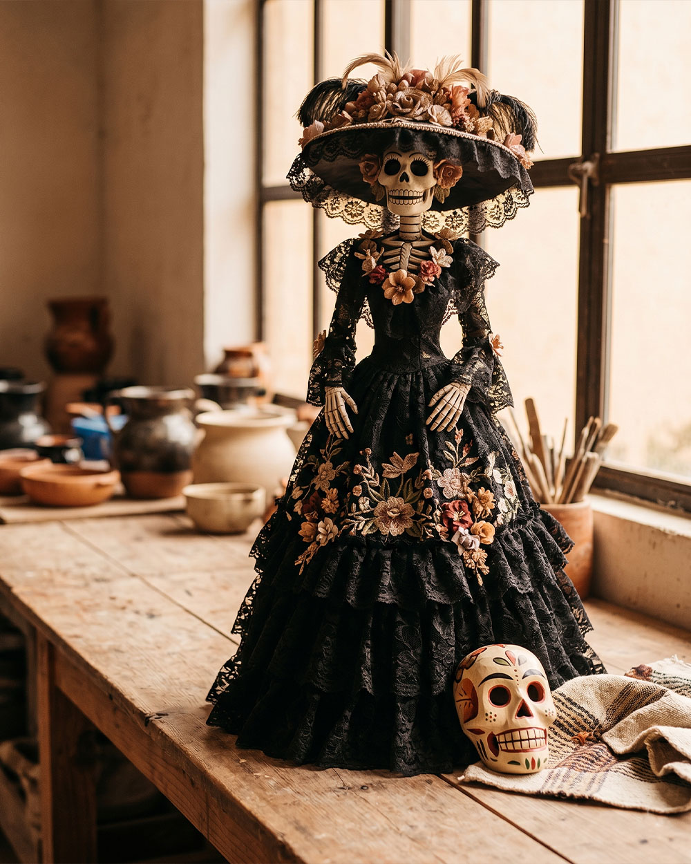 Hand-painted Catrina skeleton figure and carved skull mask from Mexico