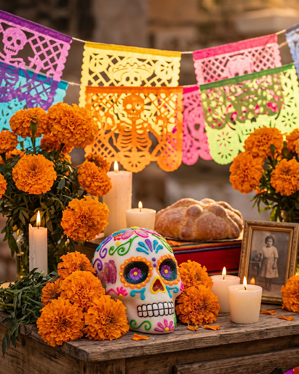 Day of the Dead themed display with marigolds, candles, and papel picado banners