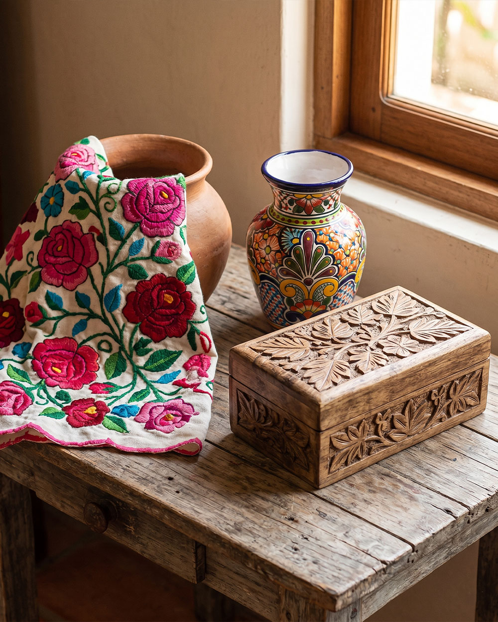 Mexican folk art featuring floral and botanical motifs across textile, ceramic, and wood