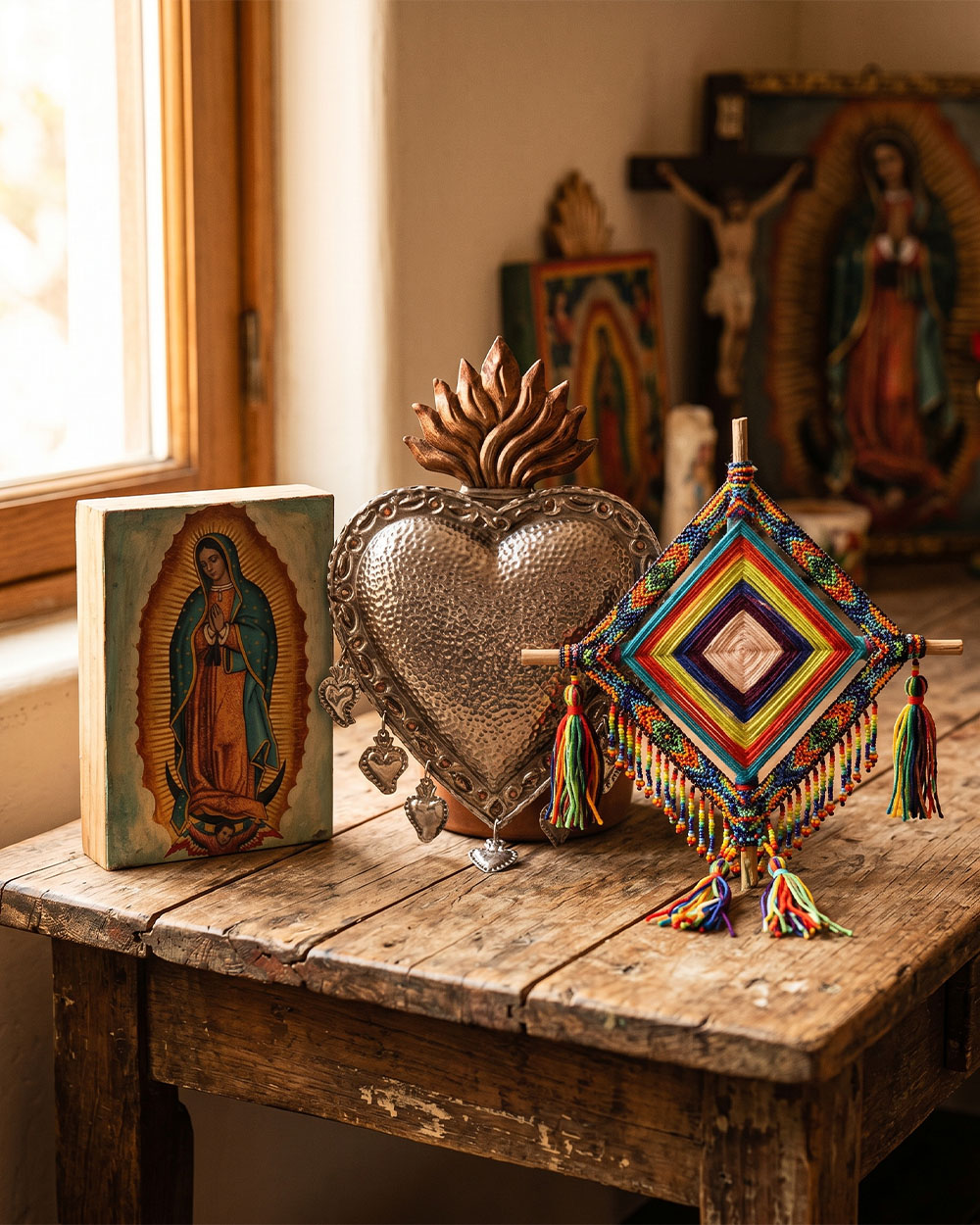 Devotional Mexican folk art featuring sacred heart, retablo, and Ojo de Dios motifs